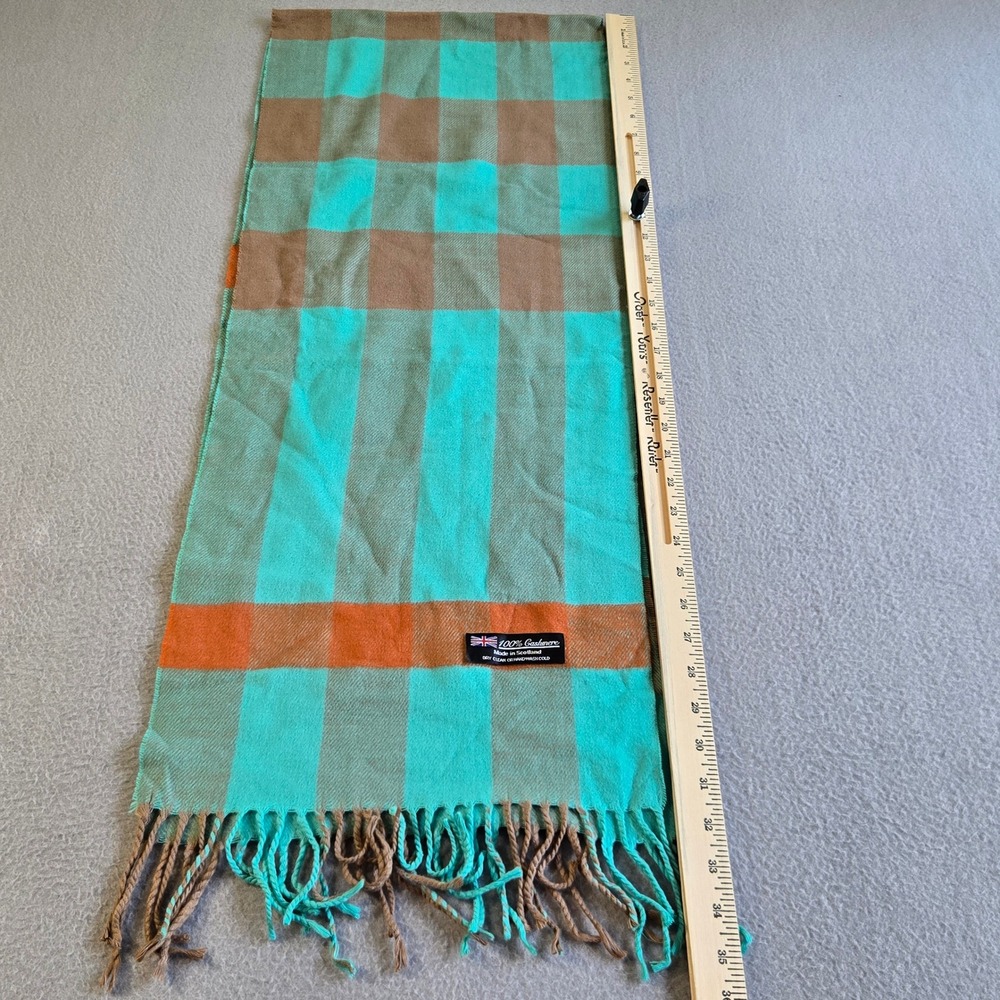 Unbranded Scarf Unisex Teal Orange Plaid 100% Cashmere Made in Scotland Fringe - Picture 4 of 5